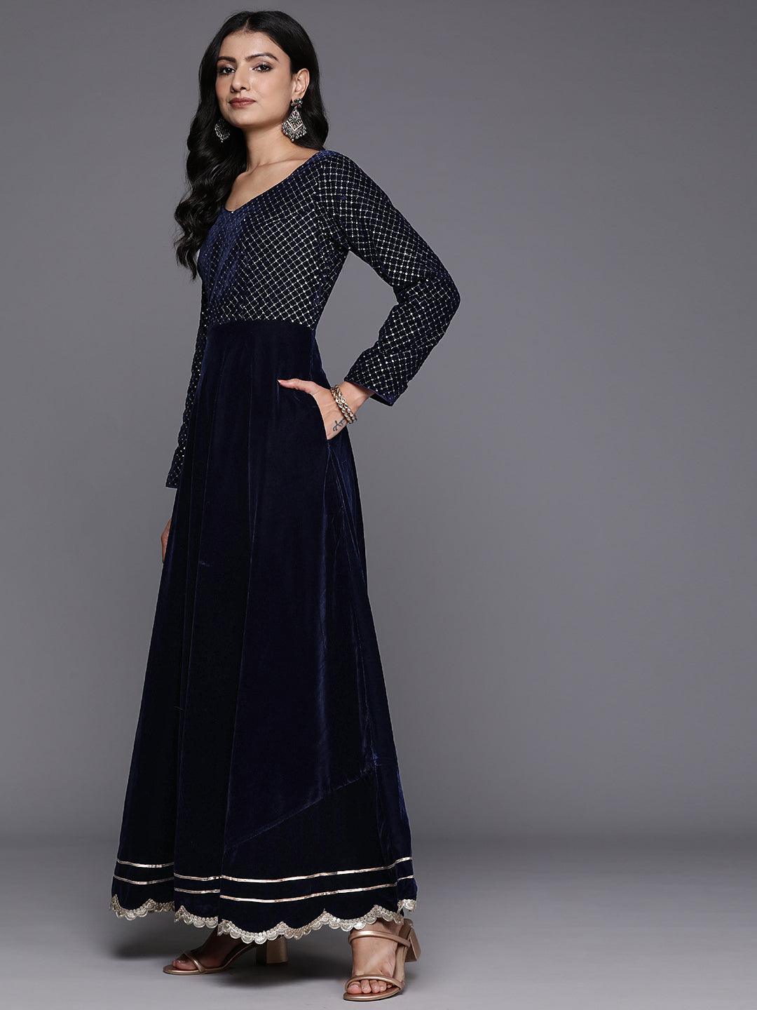 Blue Embroidered Velvet Anarkali Suit With Dupatta