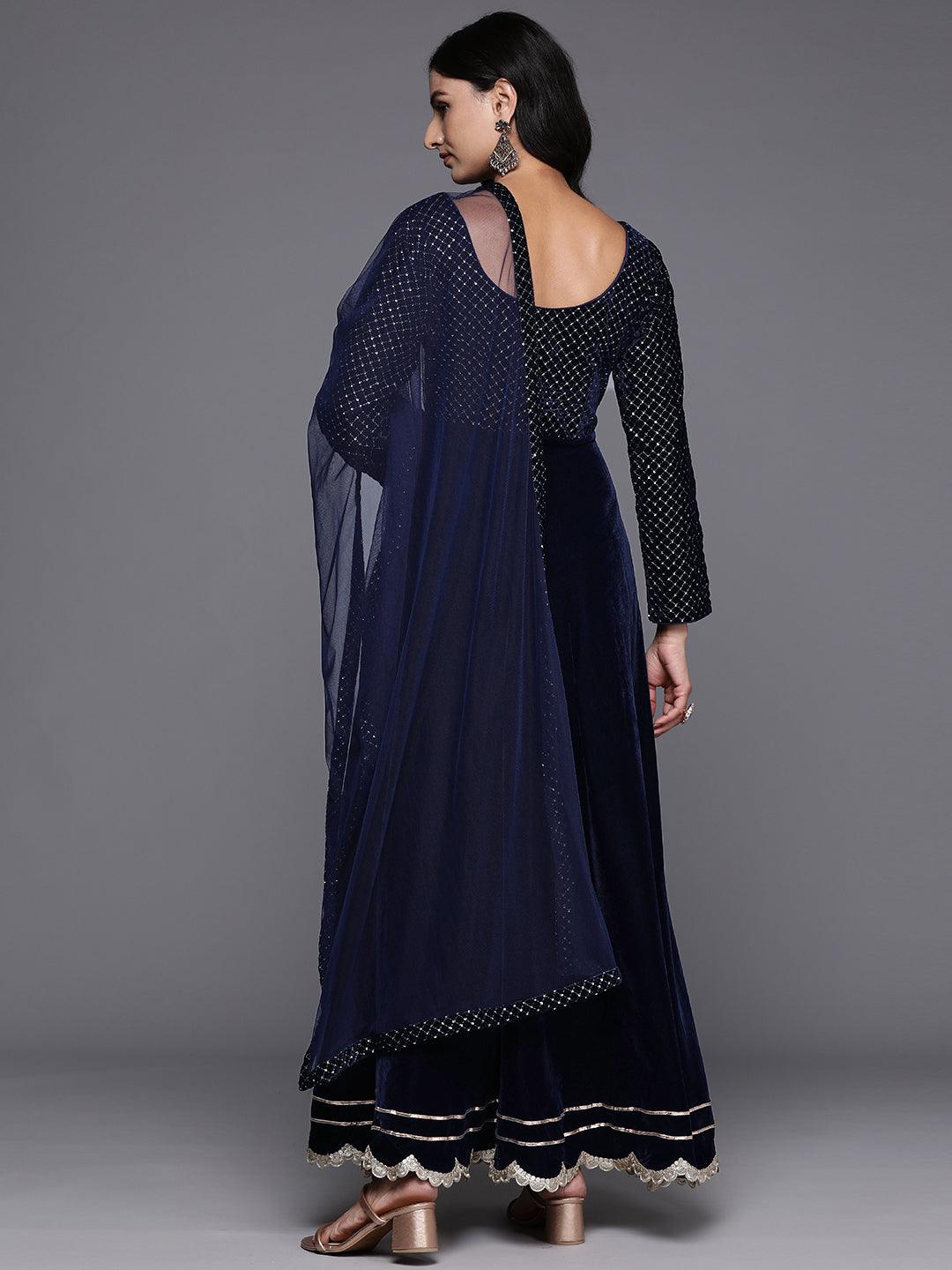 Blue Embroidered Velvet Anarkali Suit With Dupatta