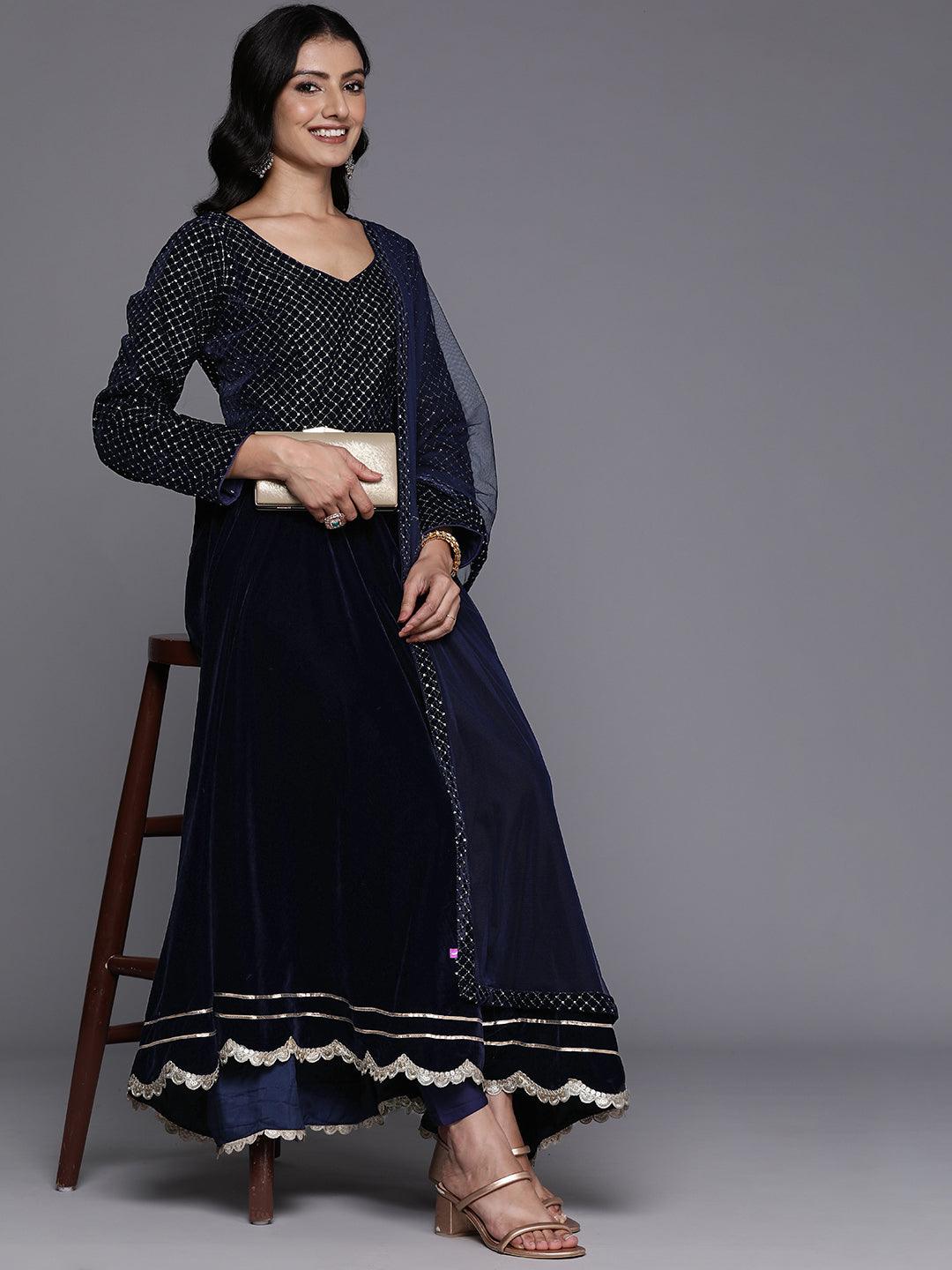 Blue Embroidered Velvet Anarkali Kurta With Trousers & Dupatta - ShopLibas