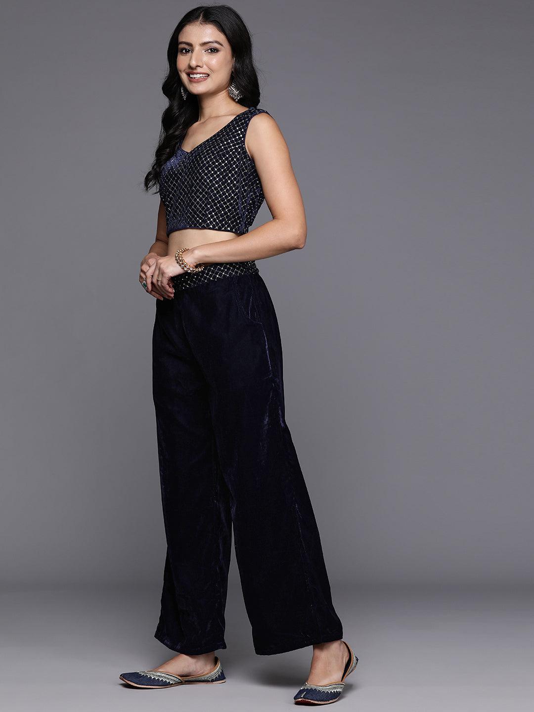 Blue Solid Velvet Top With Palazzos - ShopLibas