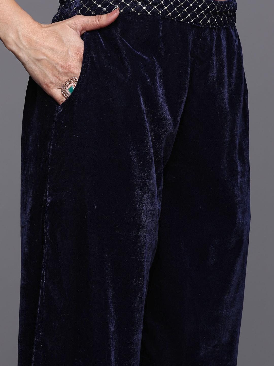 Blue Solid Velvet Co-Ords