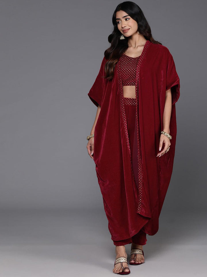 Maroon Embellished Polyester Top With Palazzos - ShopLibas