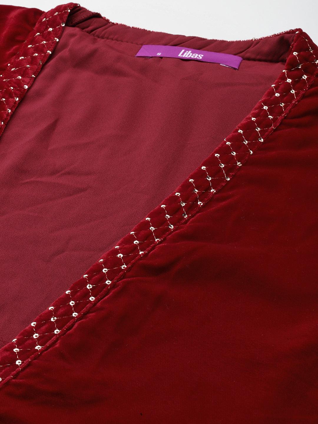 Maroon Embellished Polyester Top With Palazzos - ShopLibas