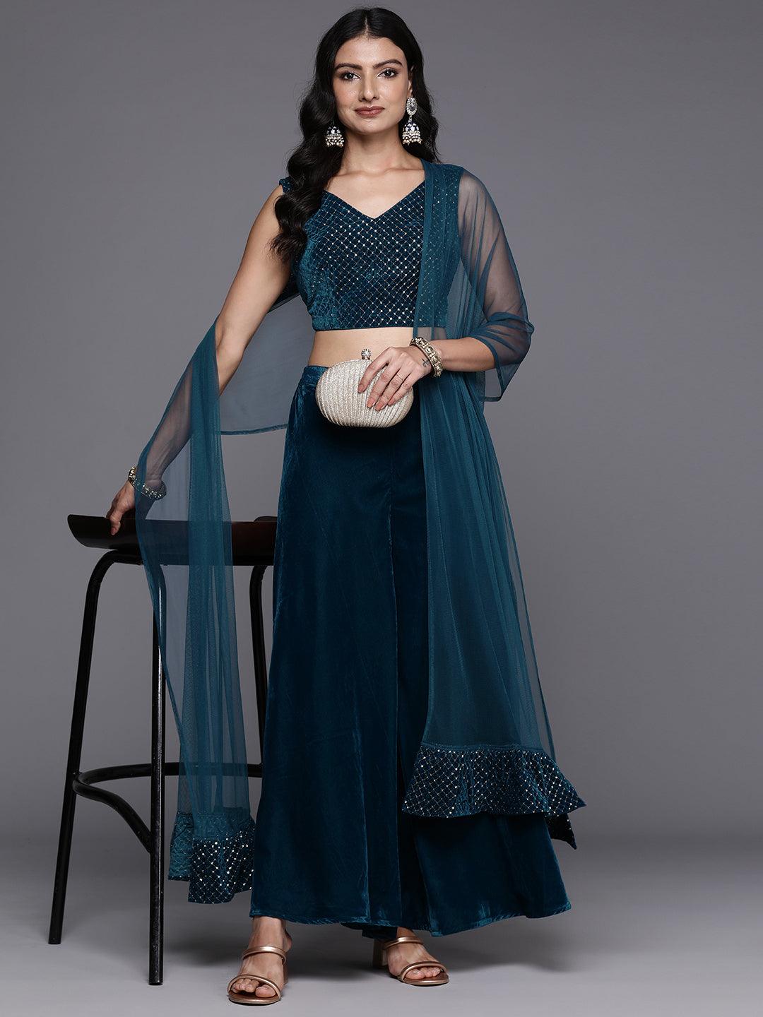 Blue Embellished Velvet Top With Palazzos & Dupatta - ShopLibas