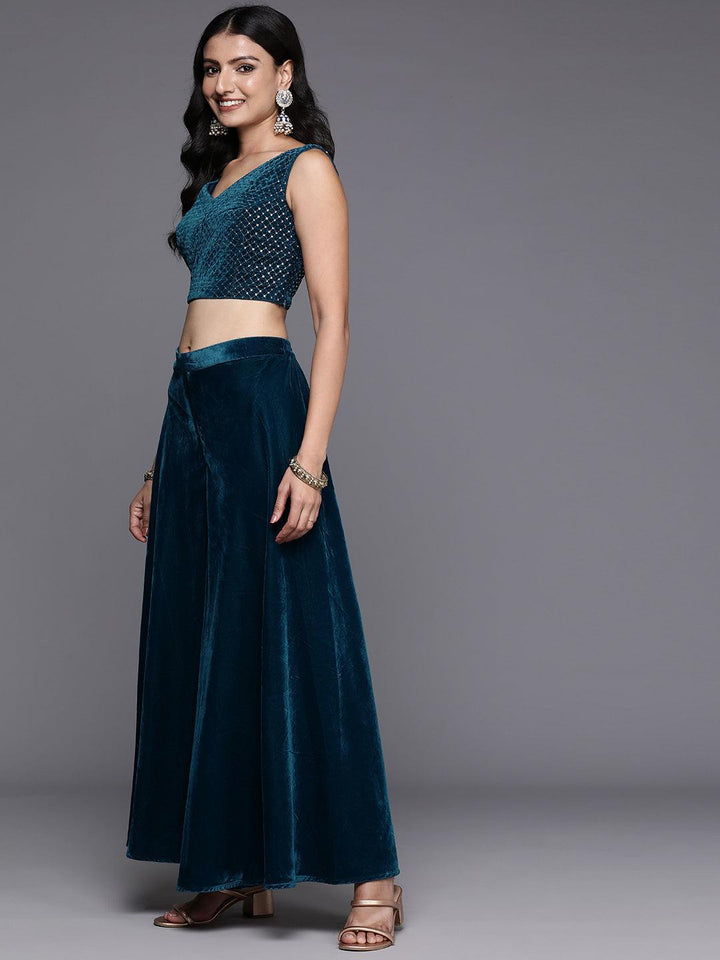 Blue Embellished Velvet Top With Palazzos & Dupatta - ShopLibas