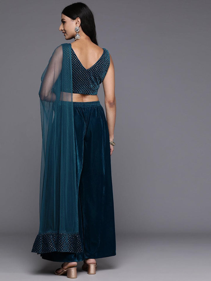 Blue Embellished Velvet Top With Palazzos & Dupatta - ShopLibas