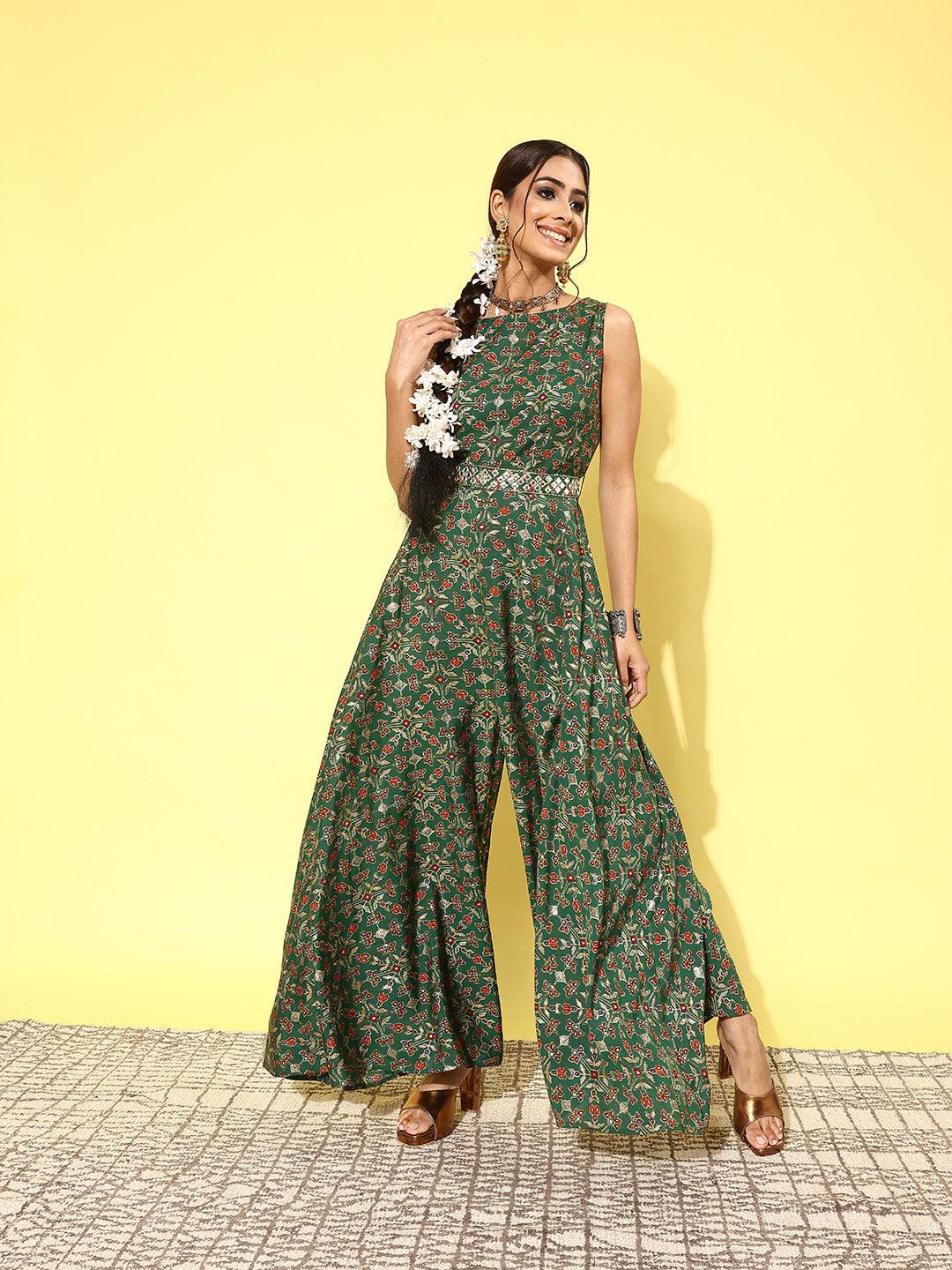 Green Printed Silk Blend Jumpsuit With belt