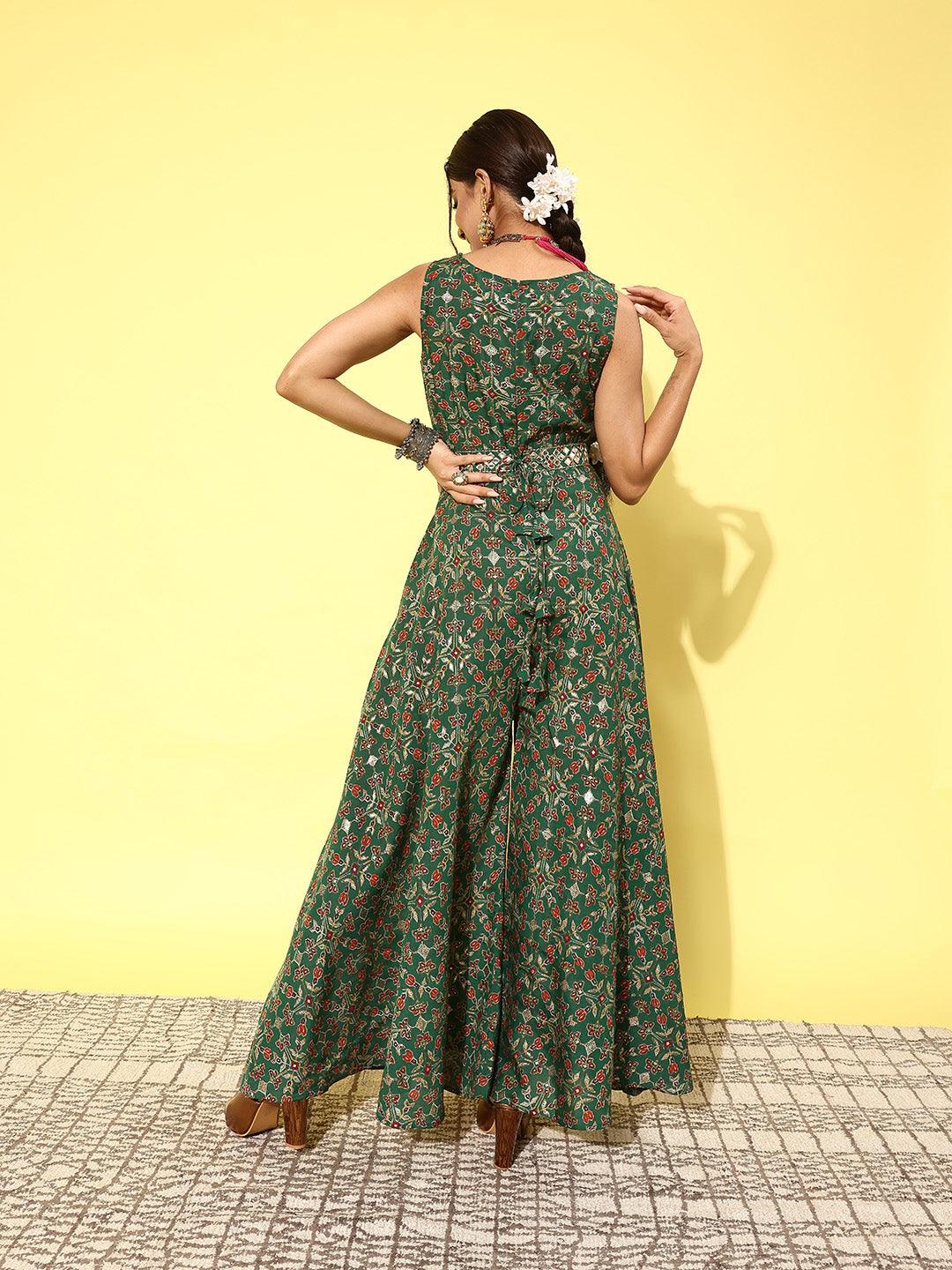 Green Printed Silk Blend Jumpsuit With belt