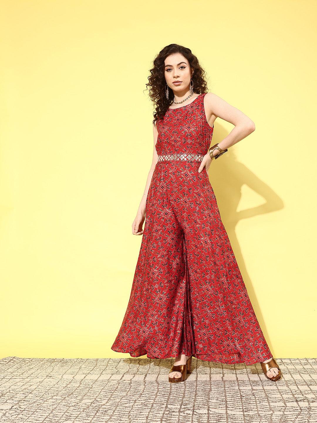 Red Printed Silk Blend Jumpsuit With Belt