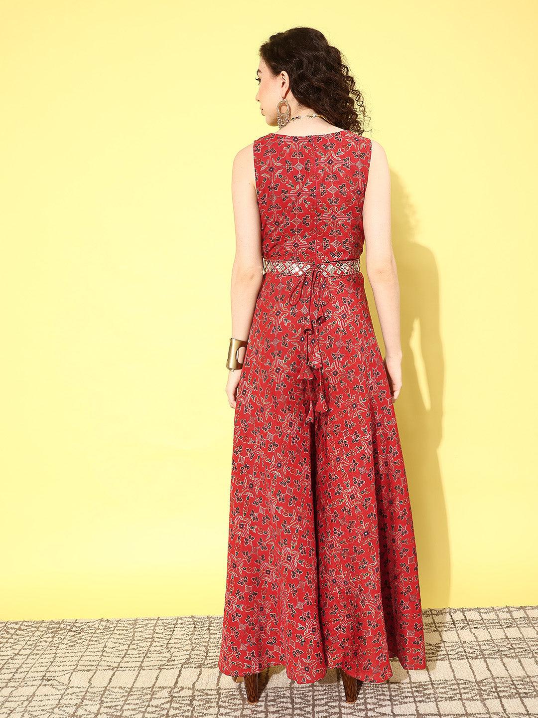 Red Printed Silk Blend Jumpsuit With Belt