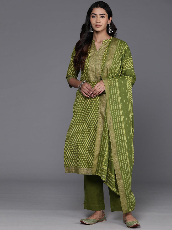 Green Printed Cotton Straight Kurta With Trousers & Dupatta - ShopLibas