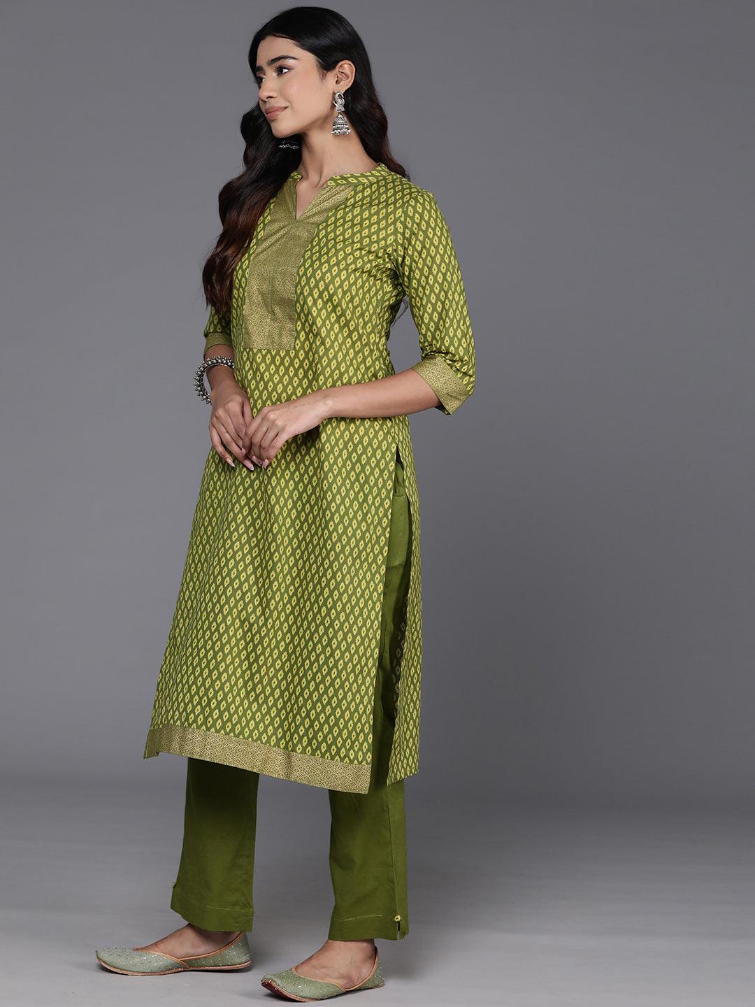 Green Printed Cotton Straight Kurta With Trousers & Dupatta - ShopLibas