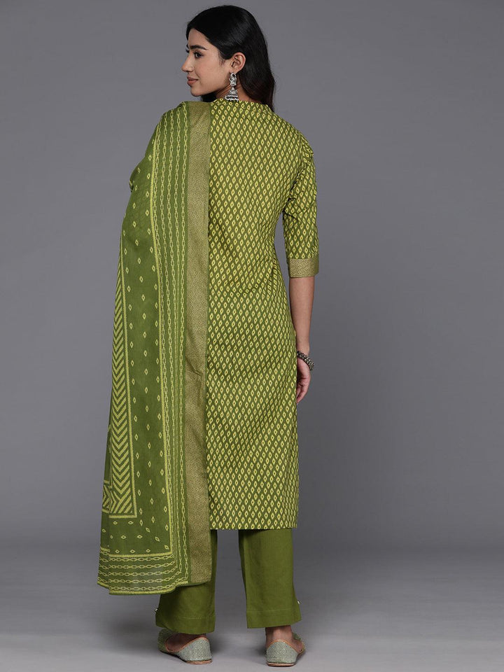 Green Printed Cotton Straight Kurta With Trousers & Dupatta - ShopLibas