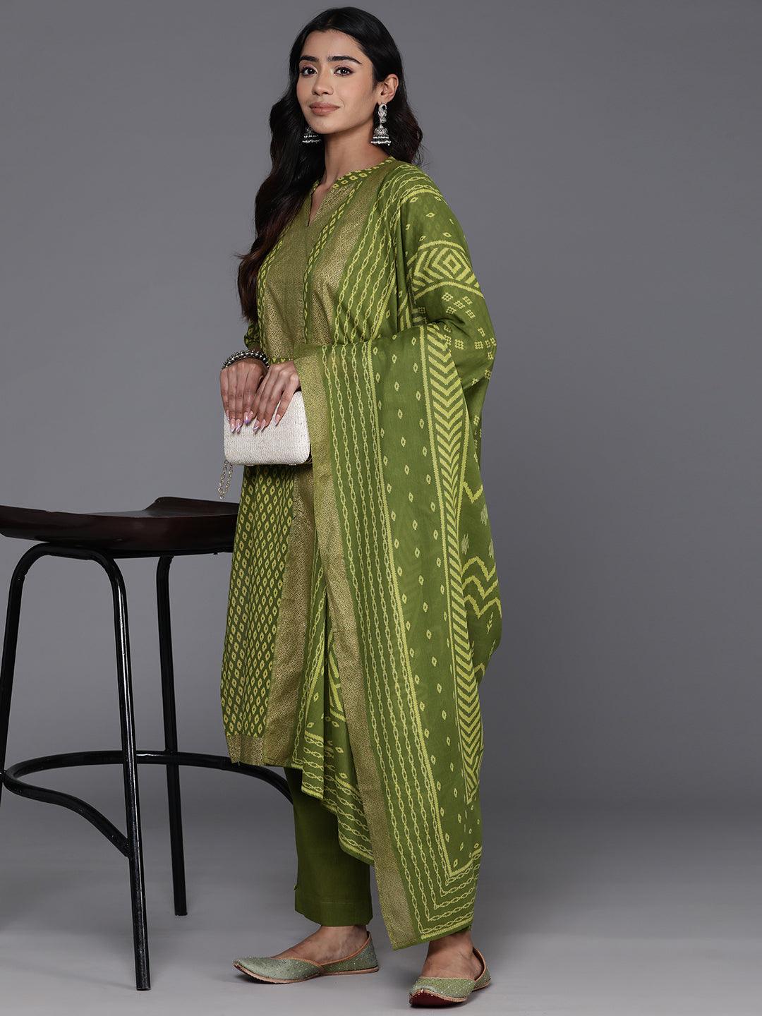 Green Printed Cotton Straight Kurta With Trousers & Dupatta - ShopLibas