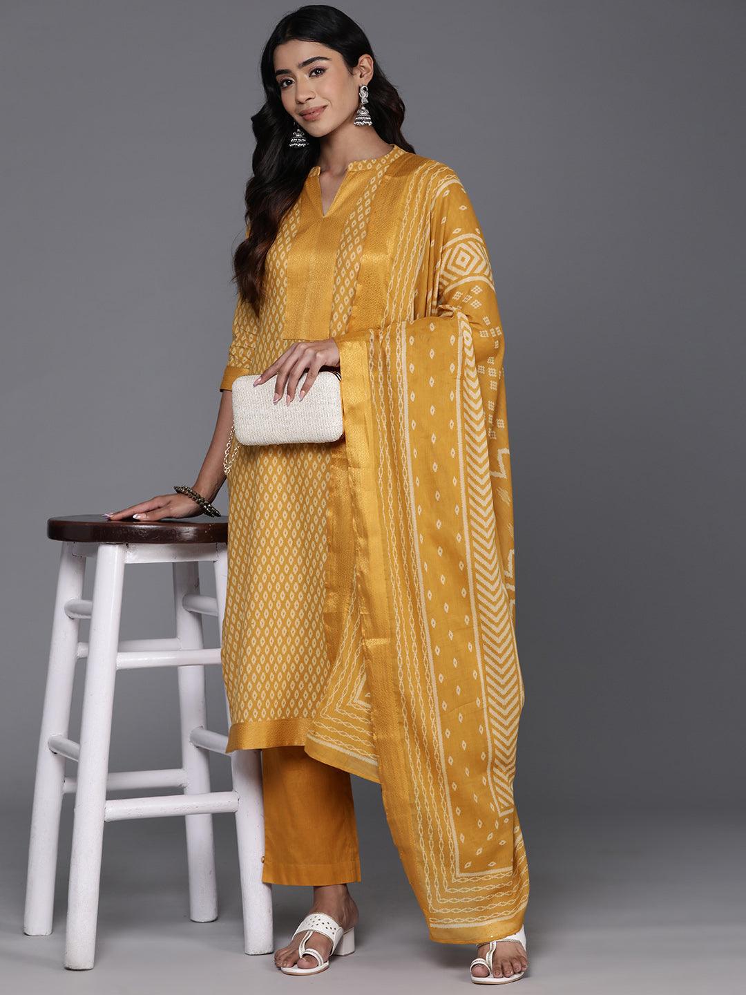 Yellow Printed Cotton Straight Kurta With Trousers & Dupatta - ShopLibas