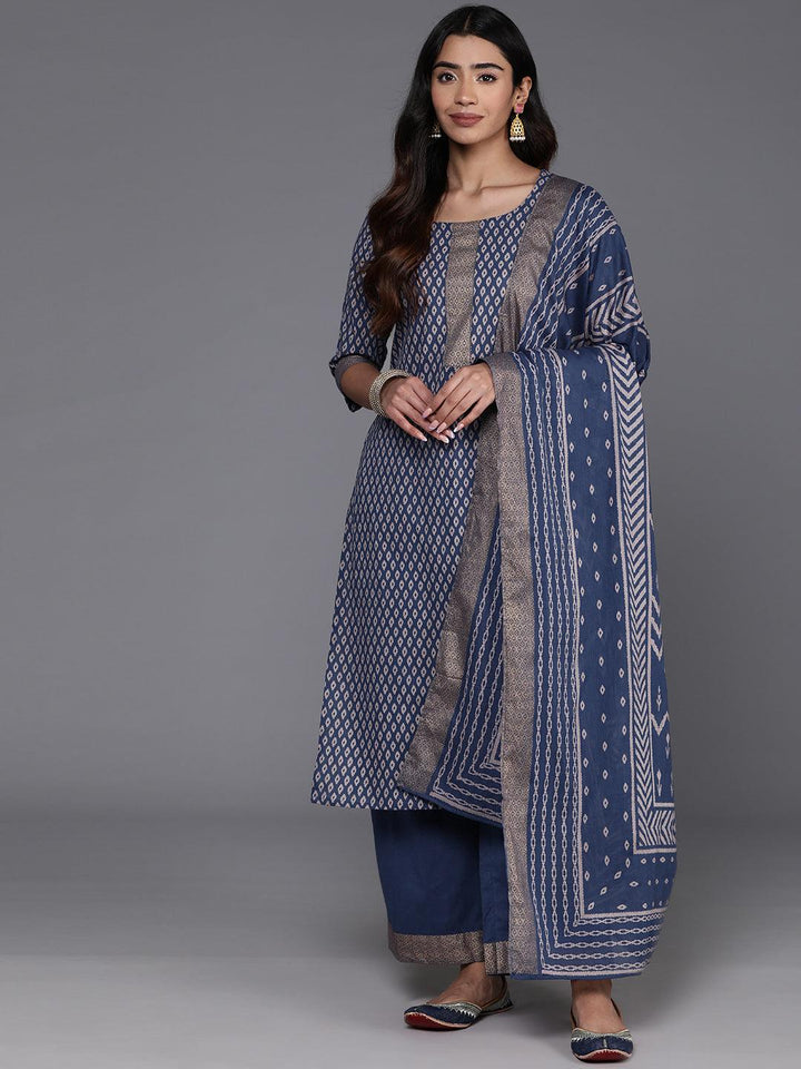 Blue Printed Cotton Straight Kurta With Palazzos & Dupatta - ShopLibas