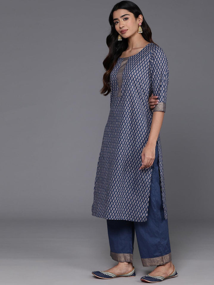 Blue Printed Cotton Straight Kurta With Palazzos & Dupatta - ShopLibas