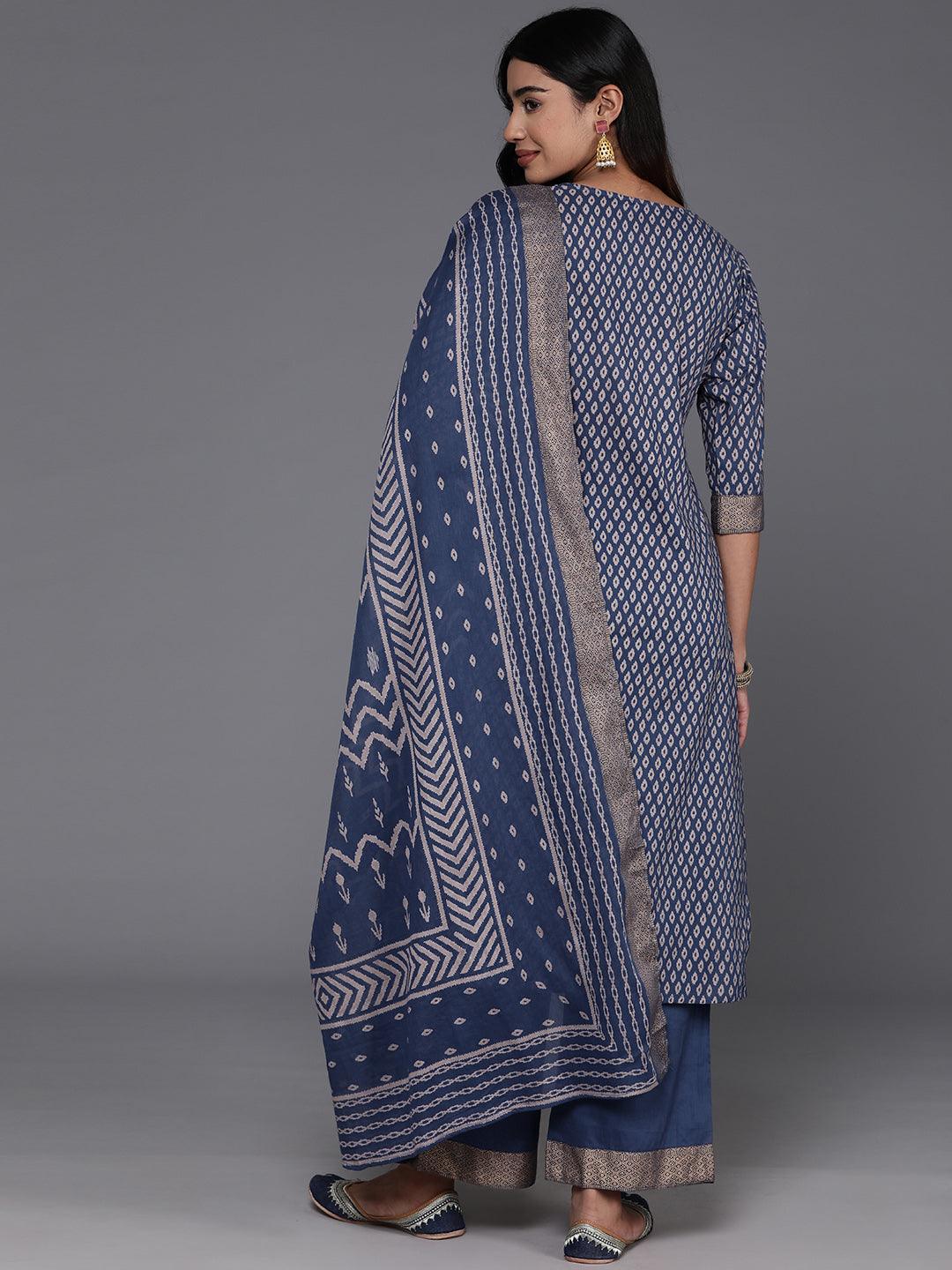 Blue Printed Cotton Straight Kurta With Palazzos & Dupatta - ShopLibas