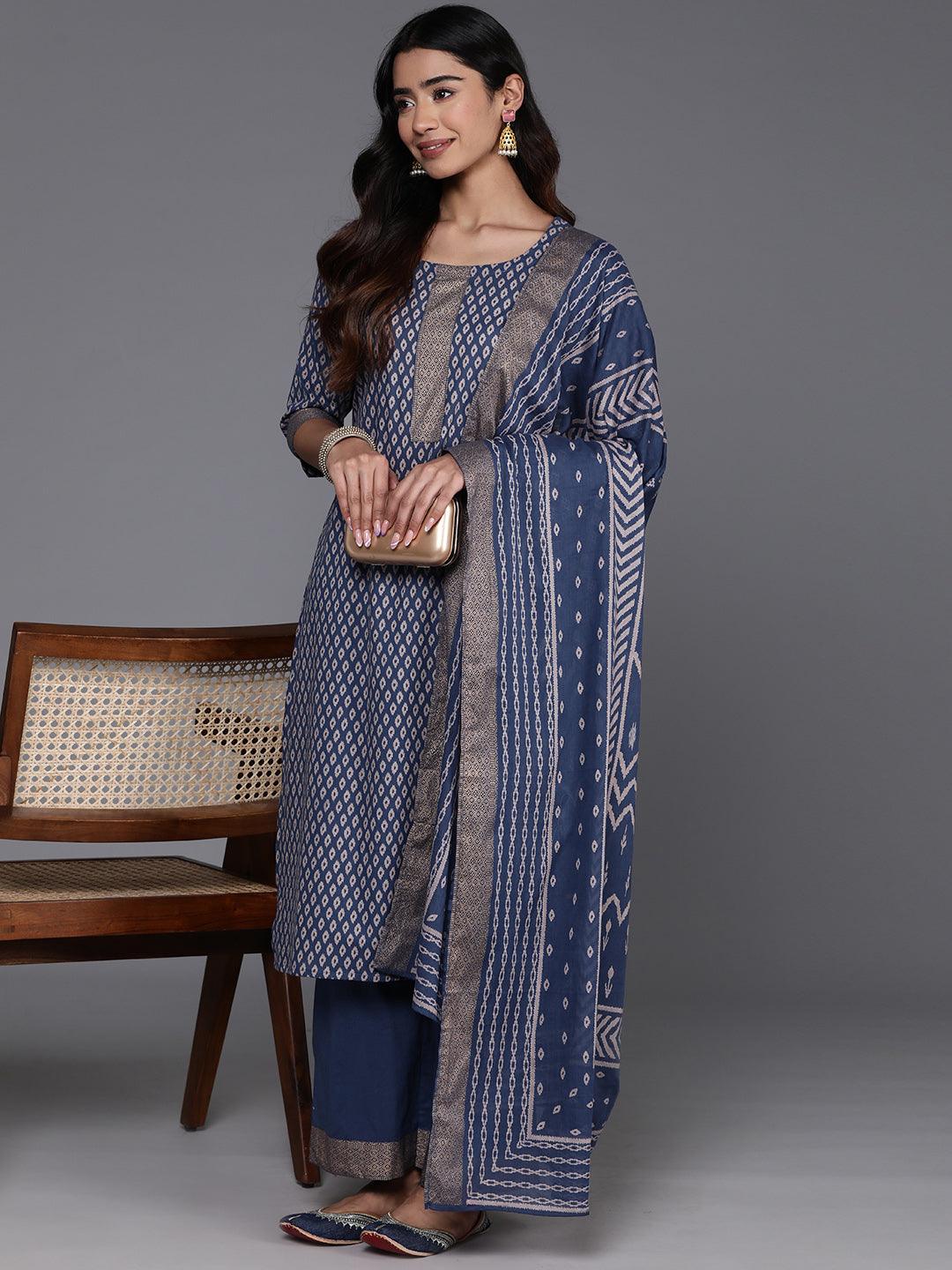 Blue Printed Cotton Straight Kurta With Palazzos & Dupatta - ShopLibas