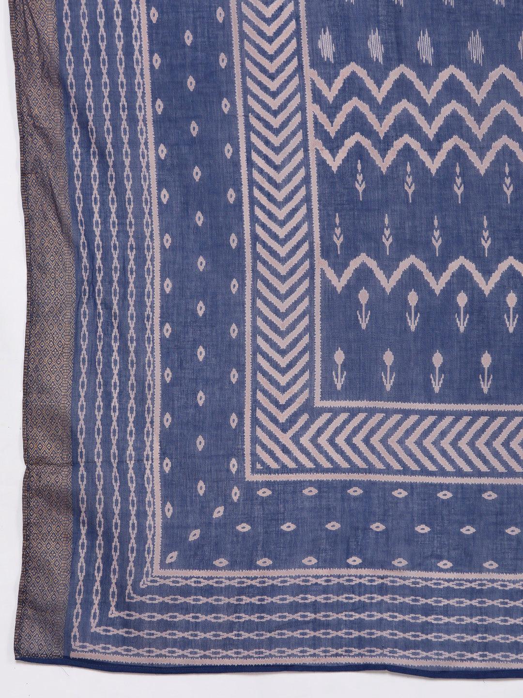 Blue Printed Cotton Straight Kurta With Palazzos & Dupatta - ShopLibas