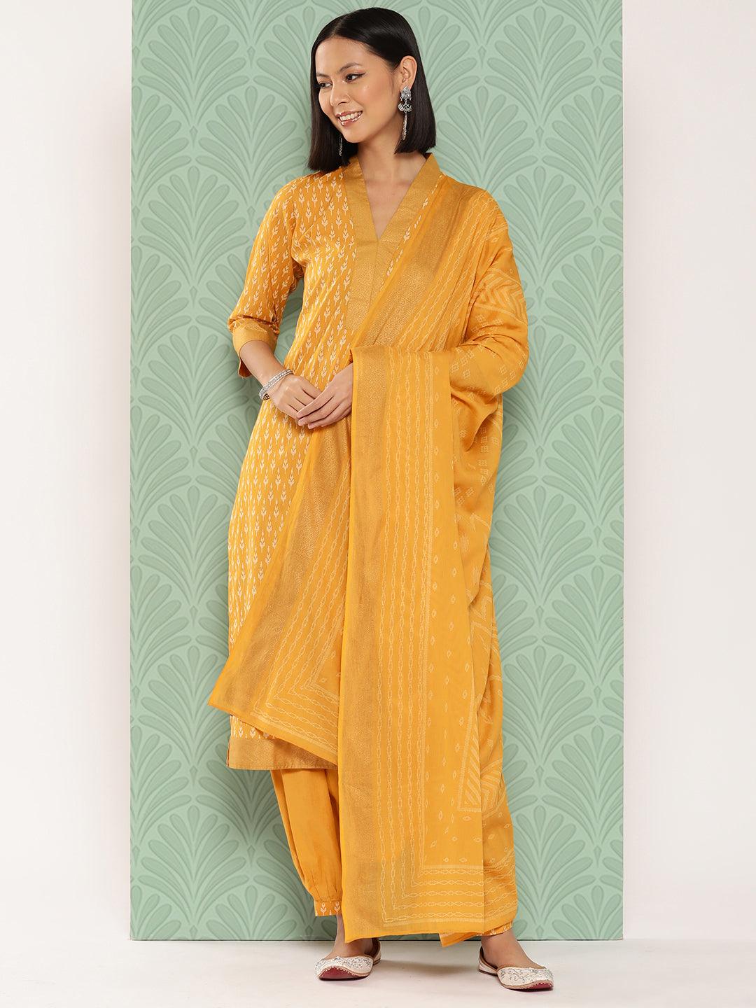 Mustard Printed Cotton Straight Suit With Dupatta