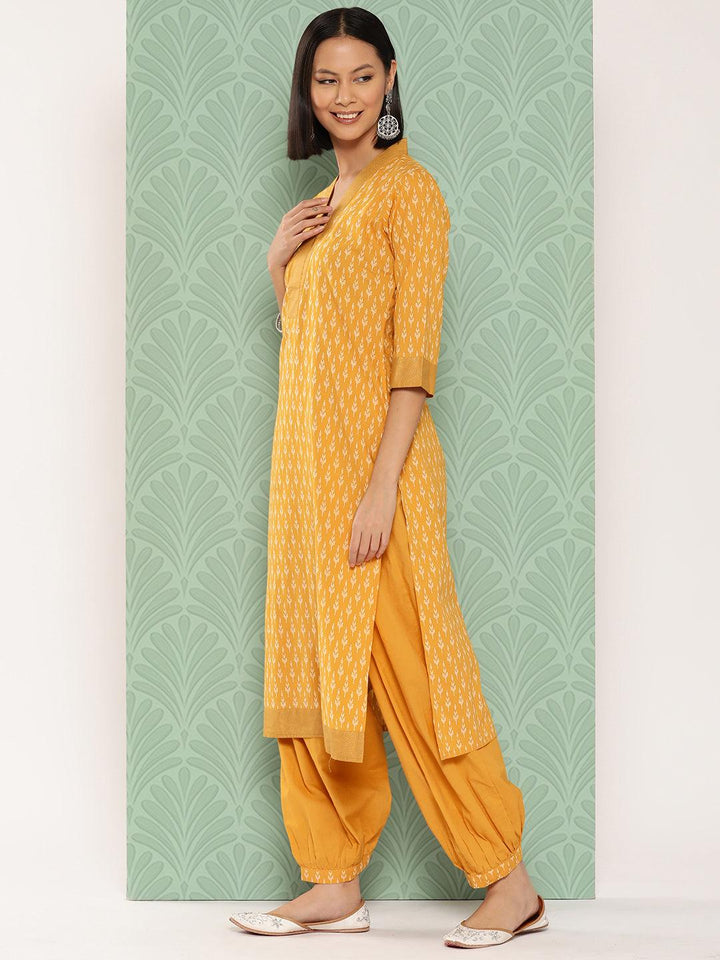 Mustard Printed Cotton Straight Kurta With Salwar & Dupatta - ShopLibas