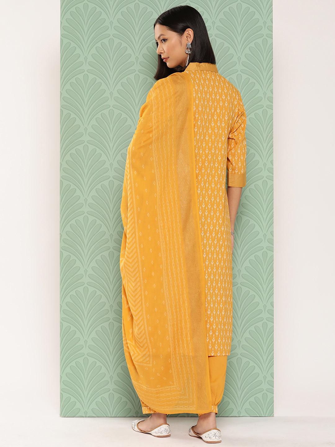 Mustard Printed Cotton Straight Kurta With Salwar & Dupatta - ShopLibas