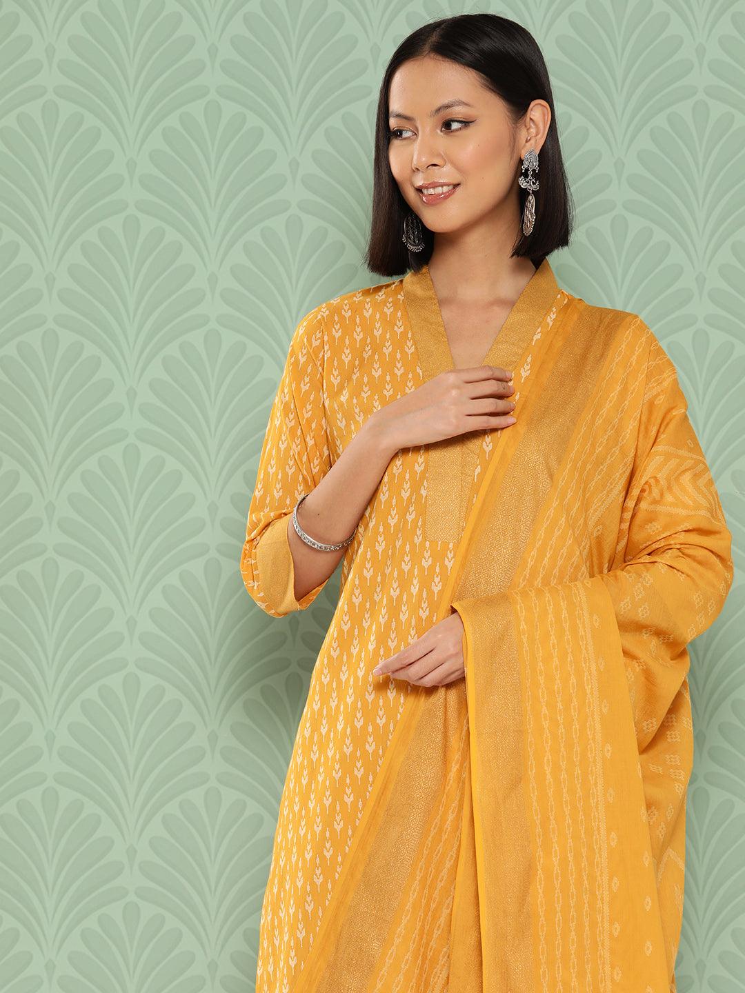 Mustard Printed Cotton Straight Suit With Dupatta