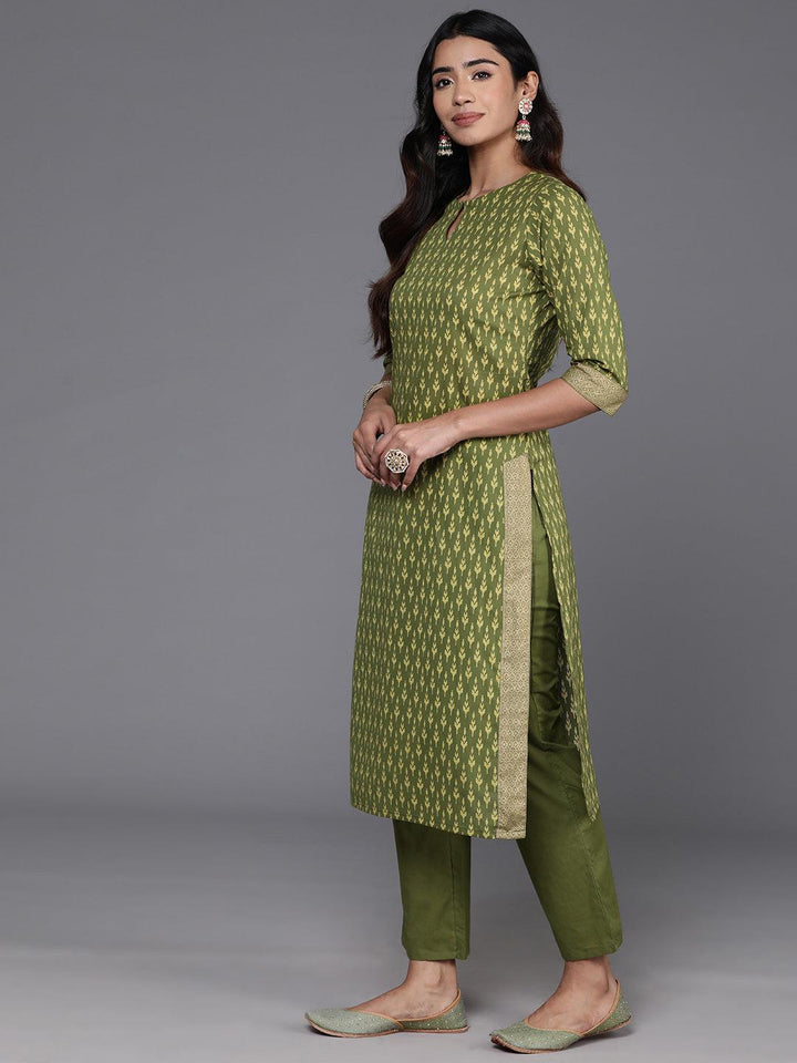 Green Printed Cotton Straight Kurta With Trousers & Dupatta - ShopLibas