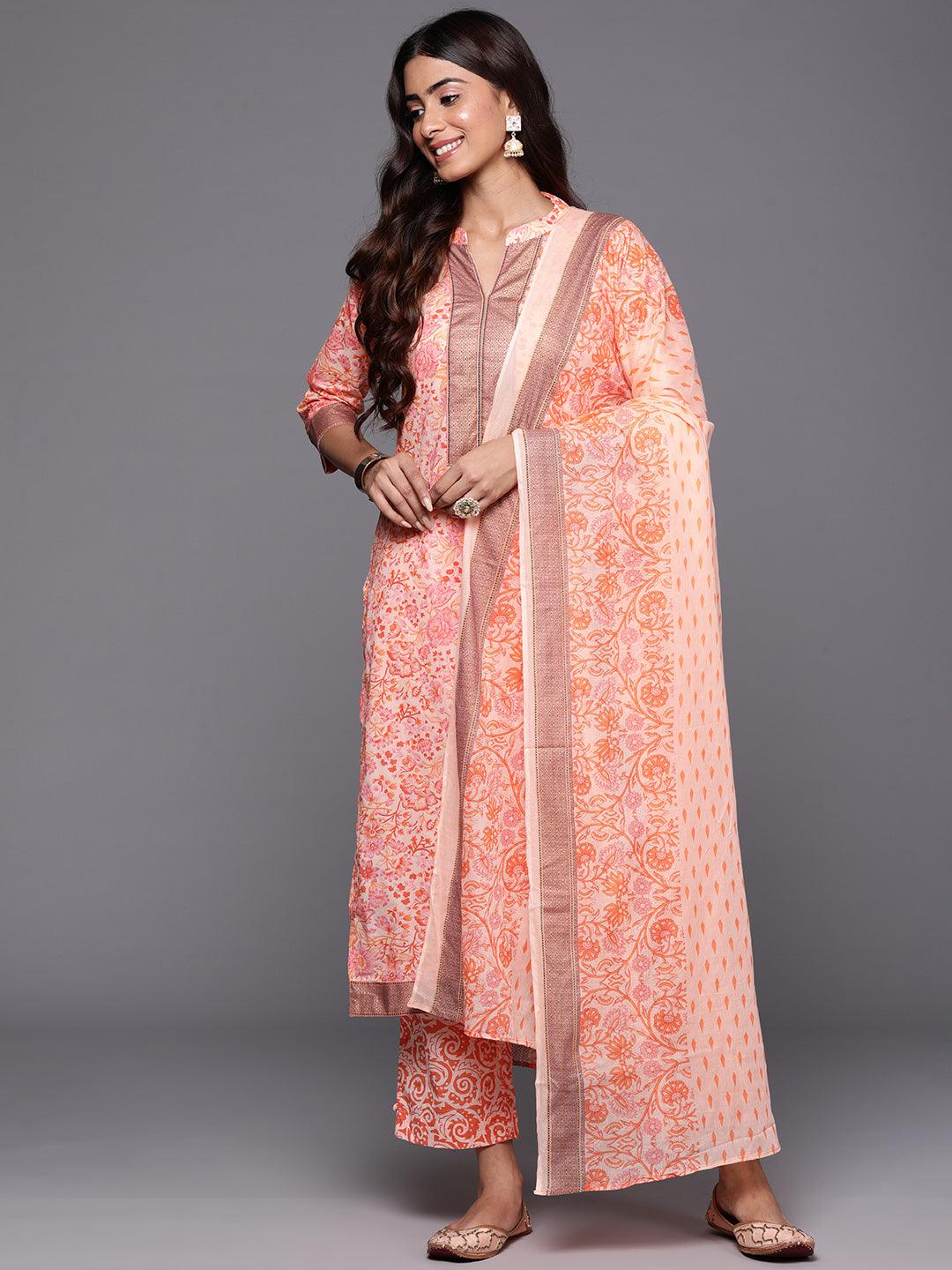 Peach Printed Cotton Straight Suit With Dupatta