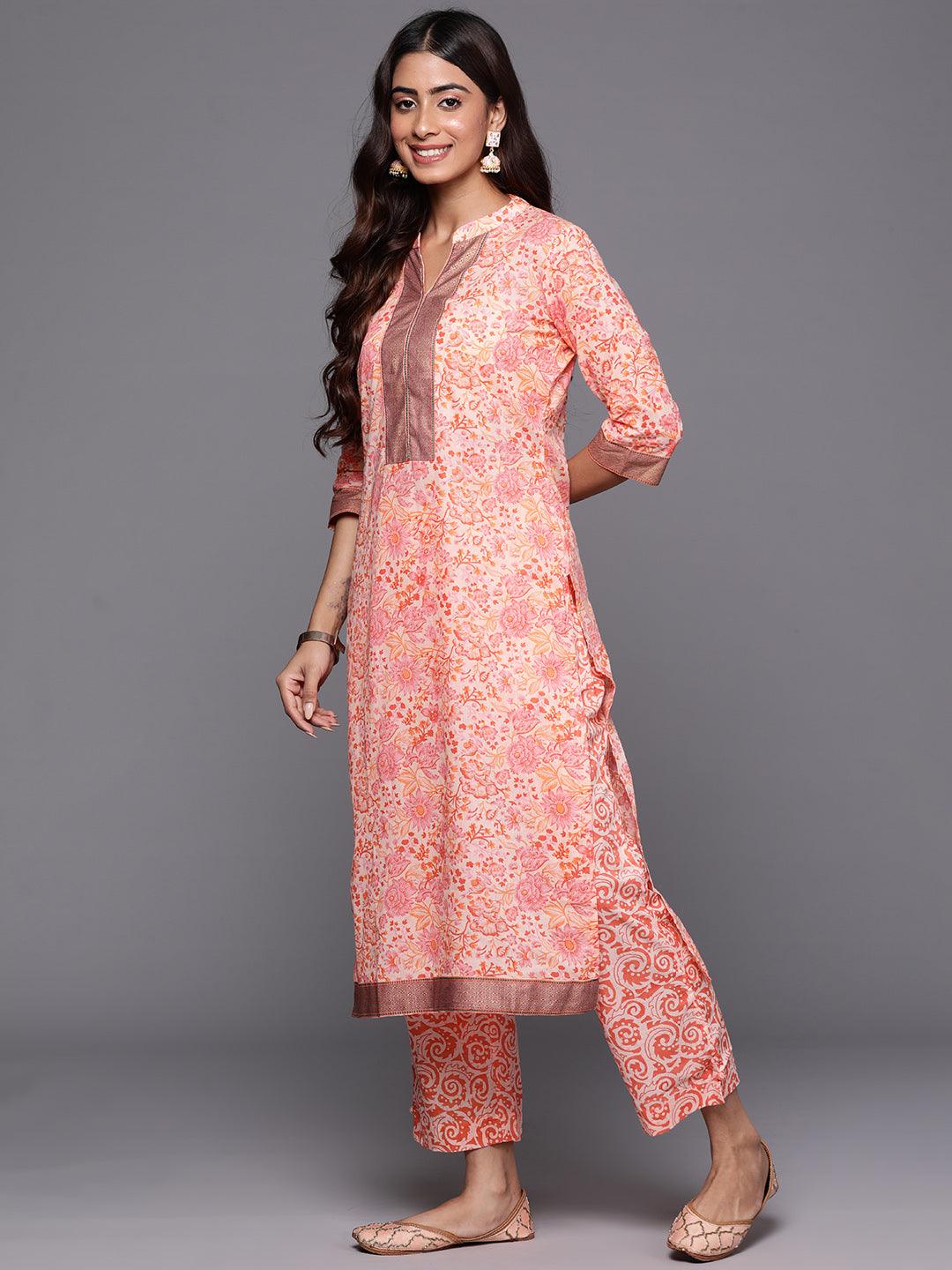 Peach Printed Cotton Straight Suit With Dupatta