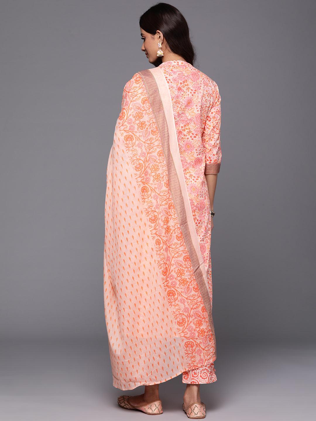 Peach Printed Cotton Straight Suit With Dupatta