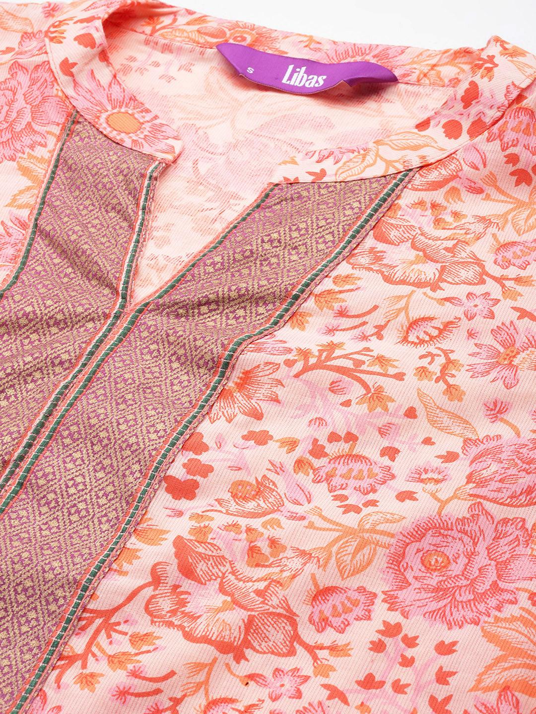 Peach Printed Cotton Straight Suit With Dupatta