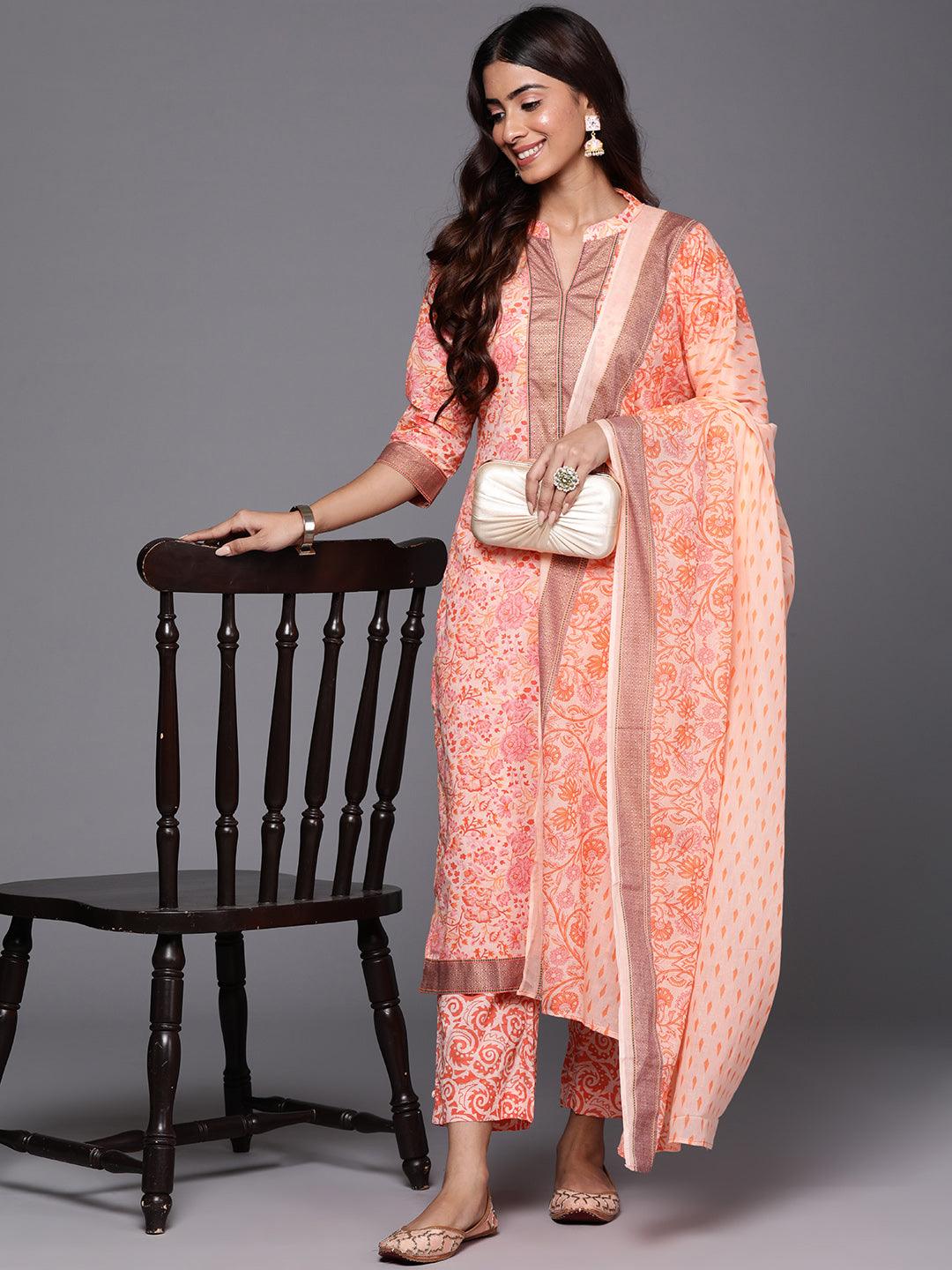 Peach Printed Cotton Straight Kurta With Trousers & Dupatta - ShopLibas