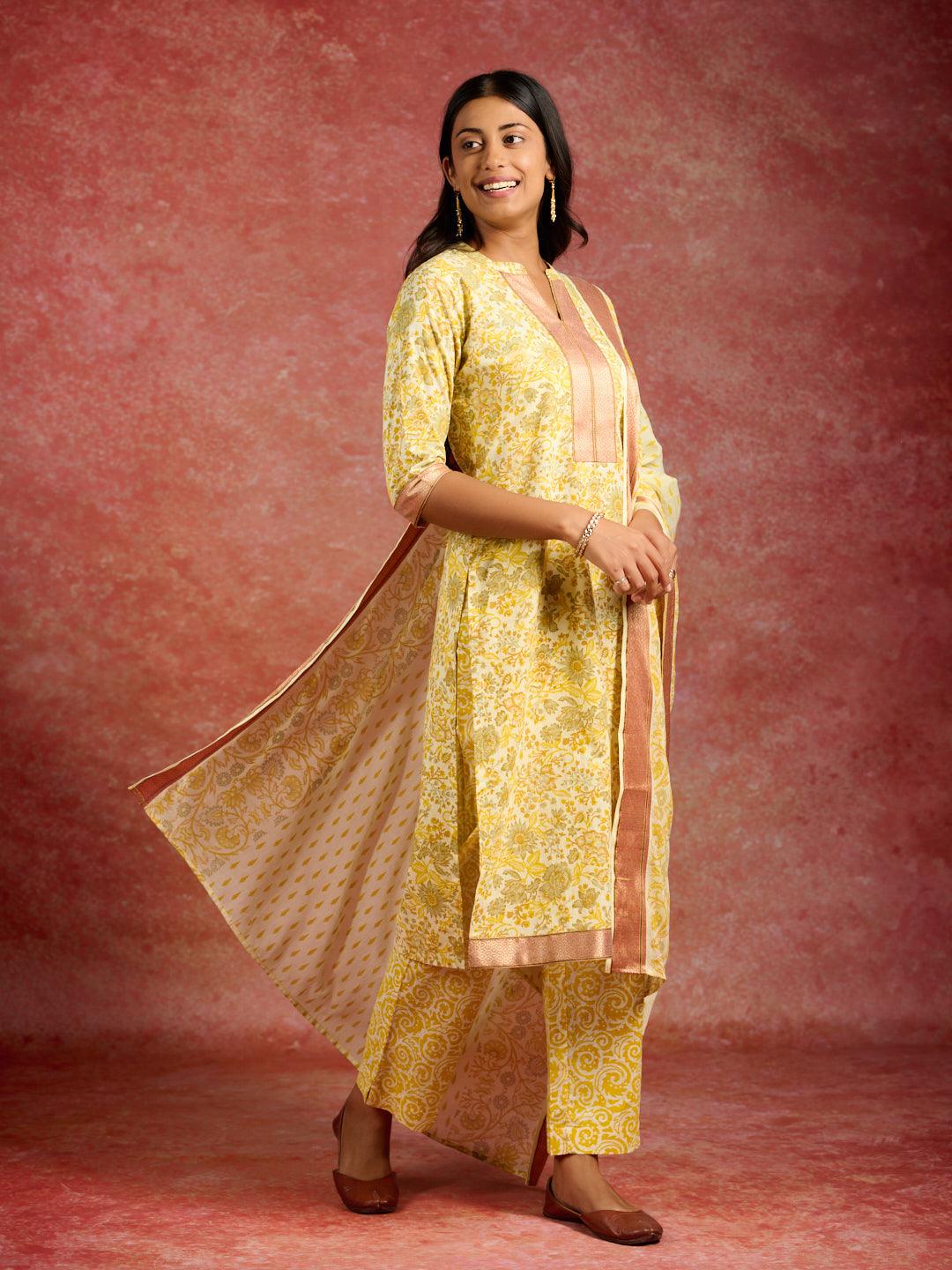 Yellow Printed Cotton Straight Suit With Dupatta