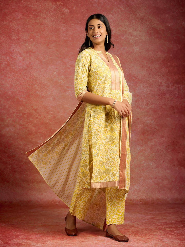 Yellow Printed Cotton Straight Kurta With Trousers & Dupatta - ShopLibas