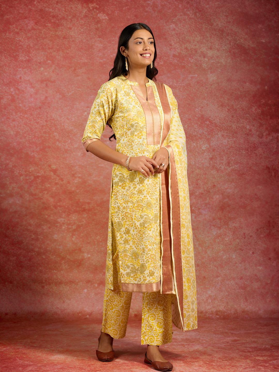 Yellow Printed Cotton Straight Suit With Dupatta