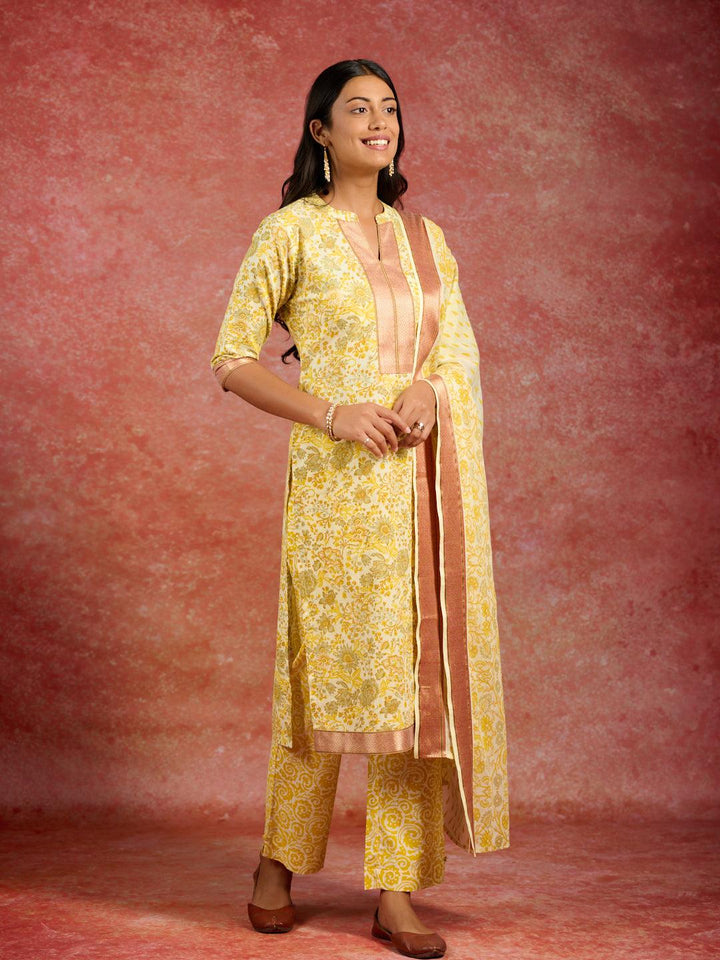 Yellow Printed Cotton Straight Kurta With Trousers & Dupatta - ShopLibas