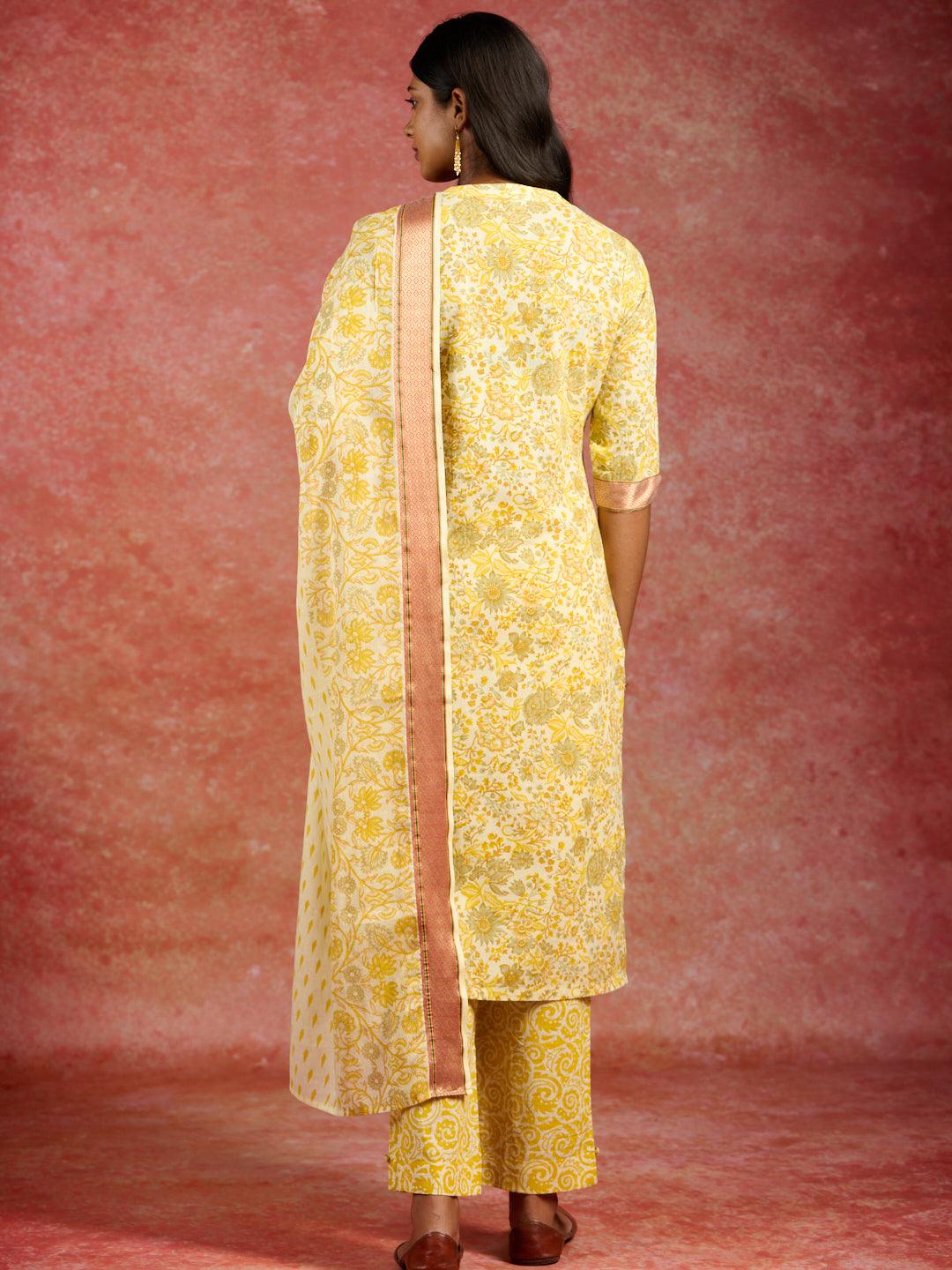 Yellow Printed Cotton Straight Suit With Dupatta