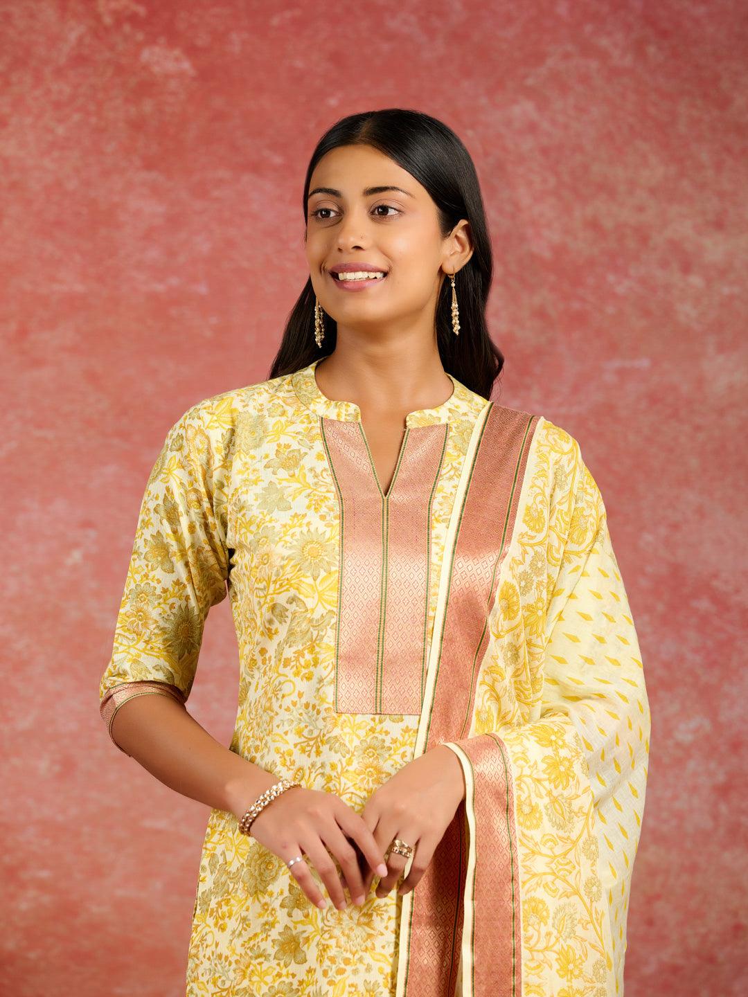 Yellow Printed Cotton Straight Suit With Dupatta