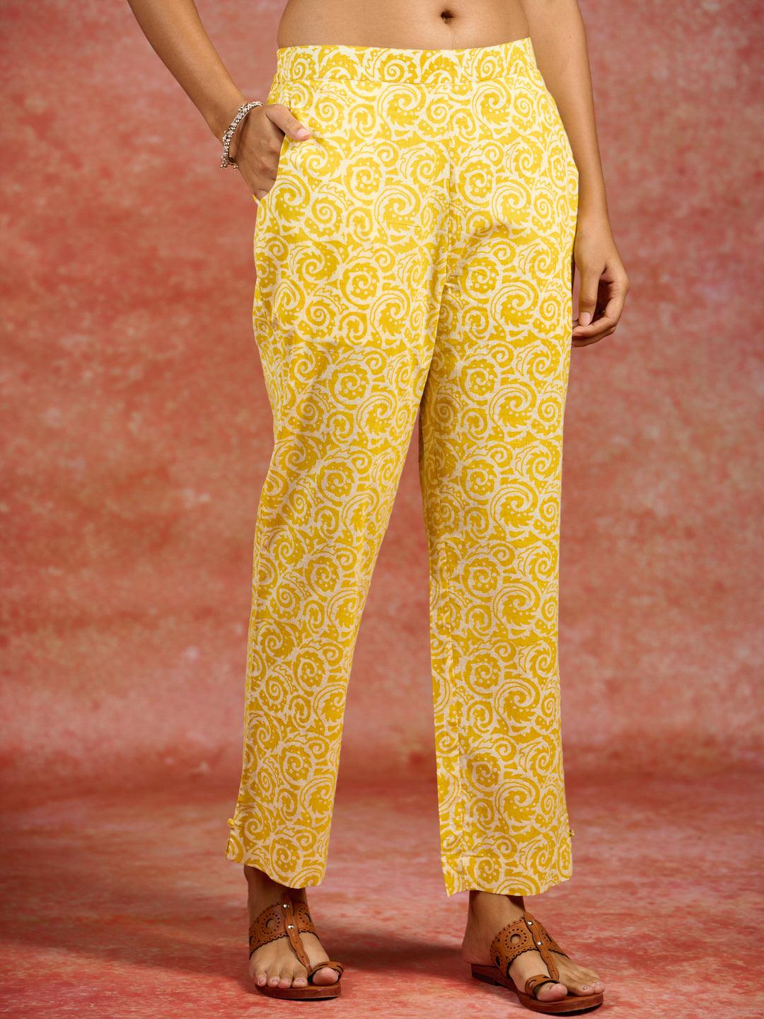 Yellow Printed Cotton Straight Suit With Dupatta