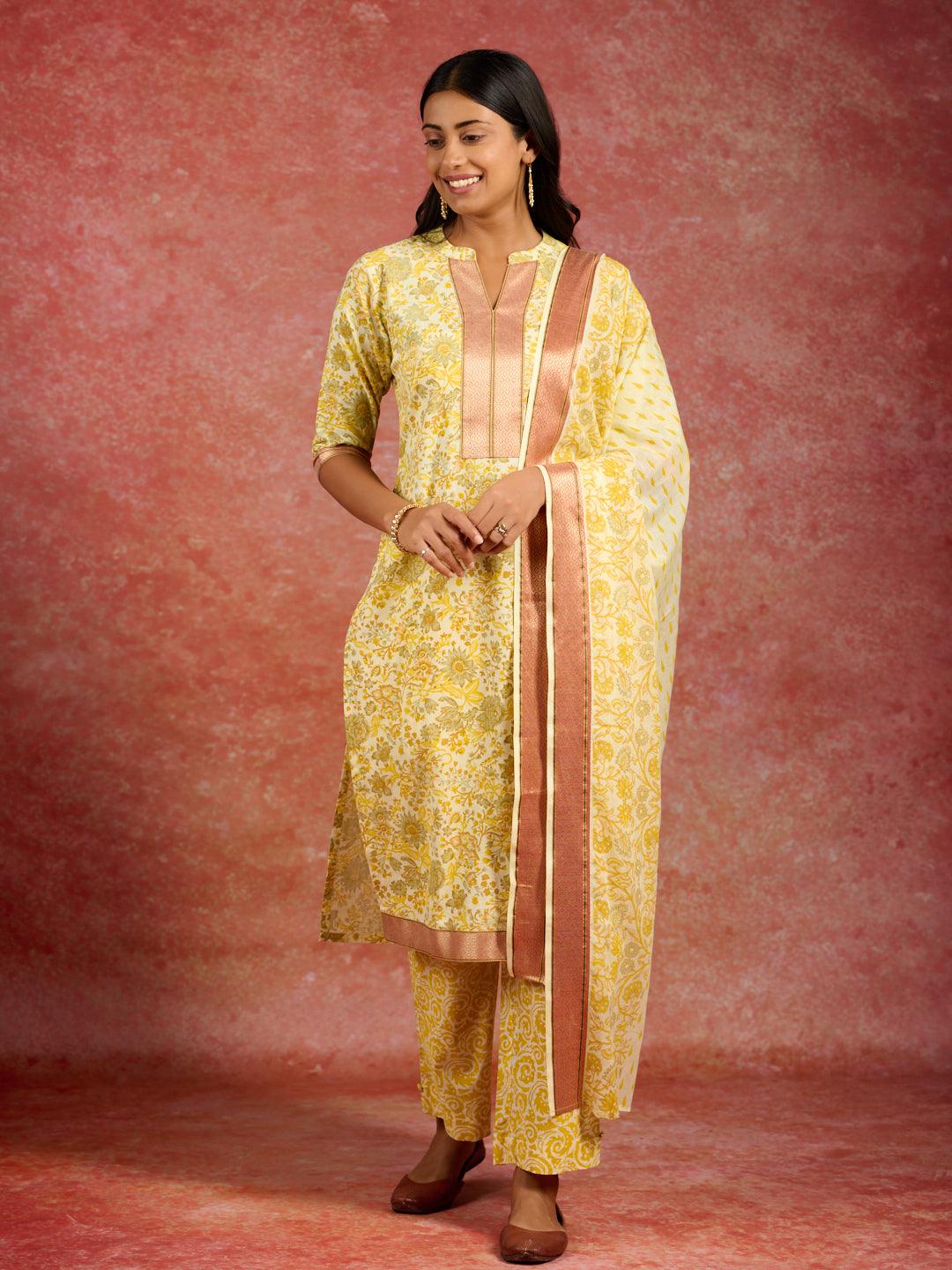 Yellow Printed Cotton Straight Suit With Dupatta