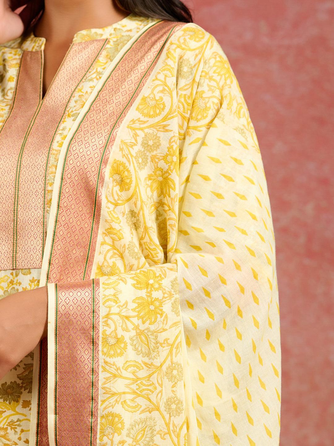 Yellow Printed Cotton Straight Suit With Dupatta