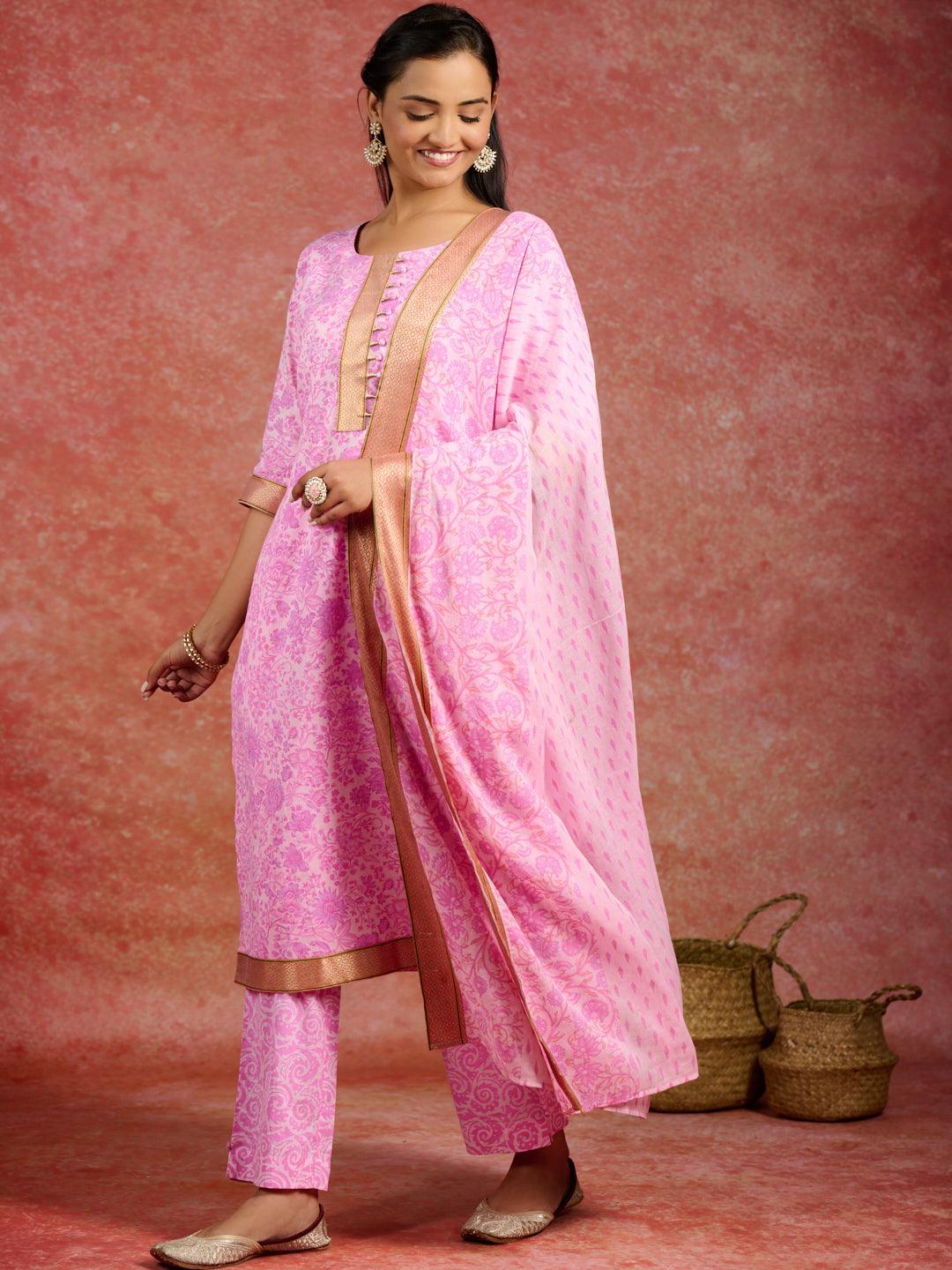 Pink Printed Cotton Straight Kurta With Trousers & Dupatta - ShopLibas