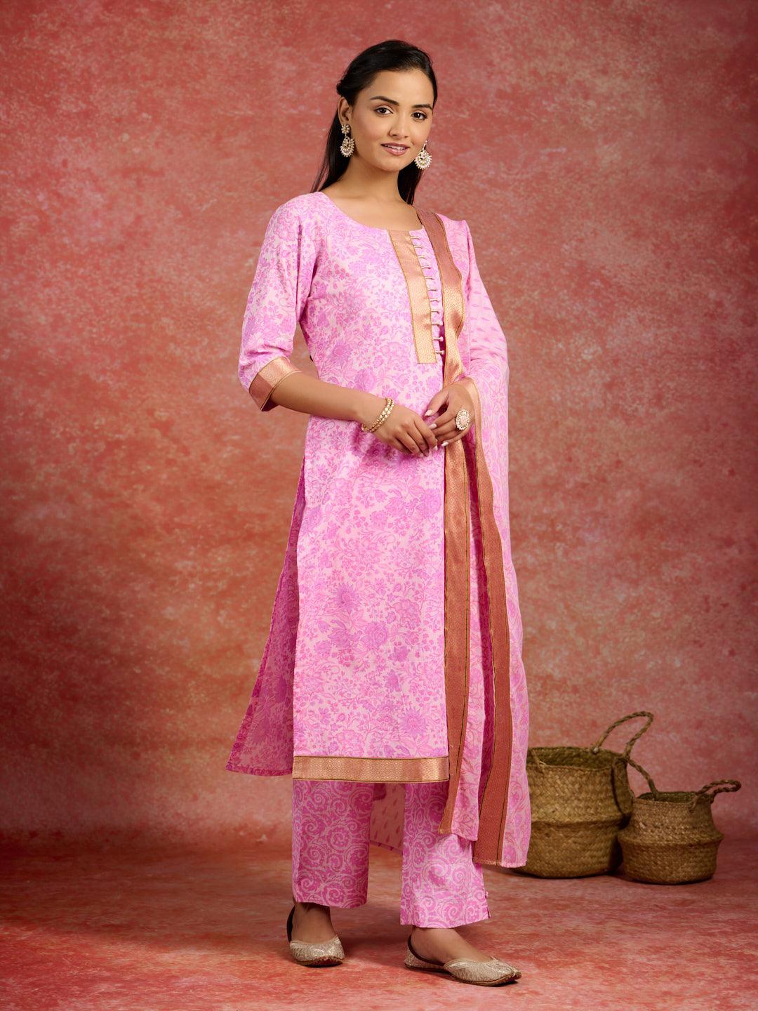 Pink Printed Cotton Straight Suit With Dupatta