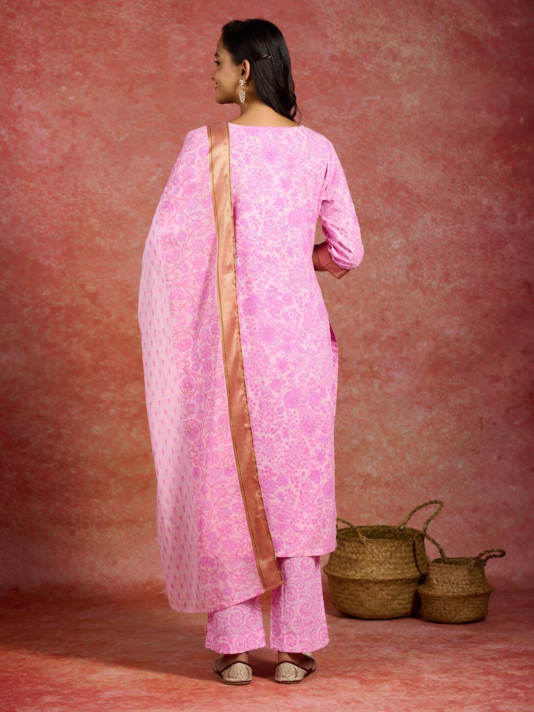 Pink Printed Cotton Straight Suit With Dupatta