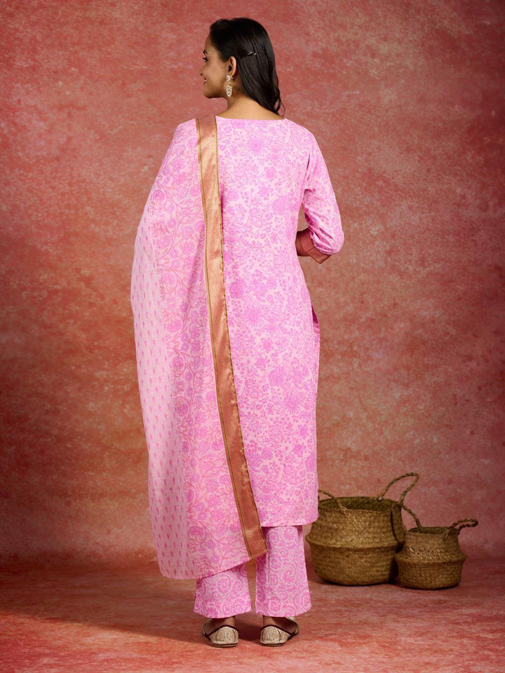 Pink Printed Cotton Straight Kurta With Trousers & Dupatta - ShopLibas