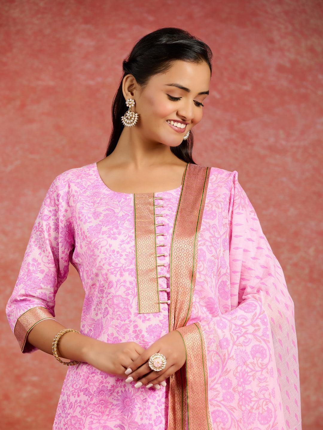 Pink Printed Cotton Straight Suit With Dupatta