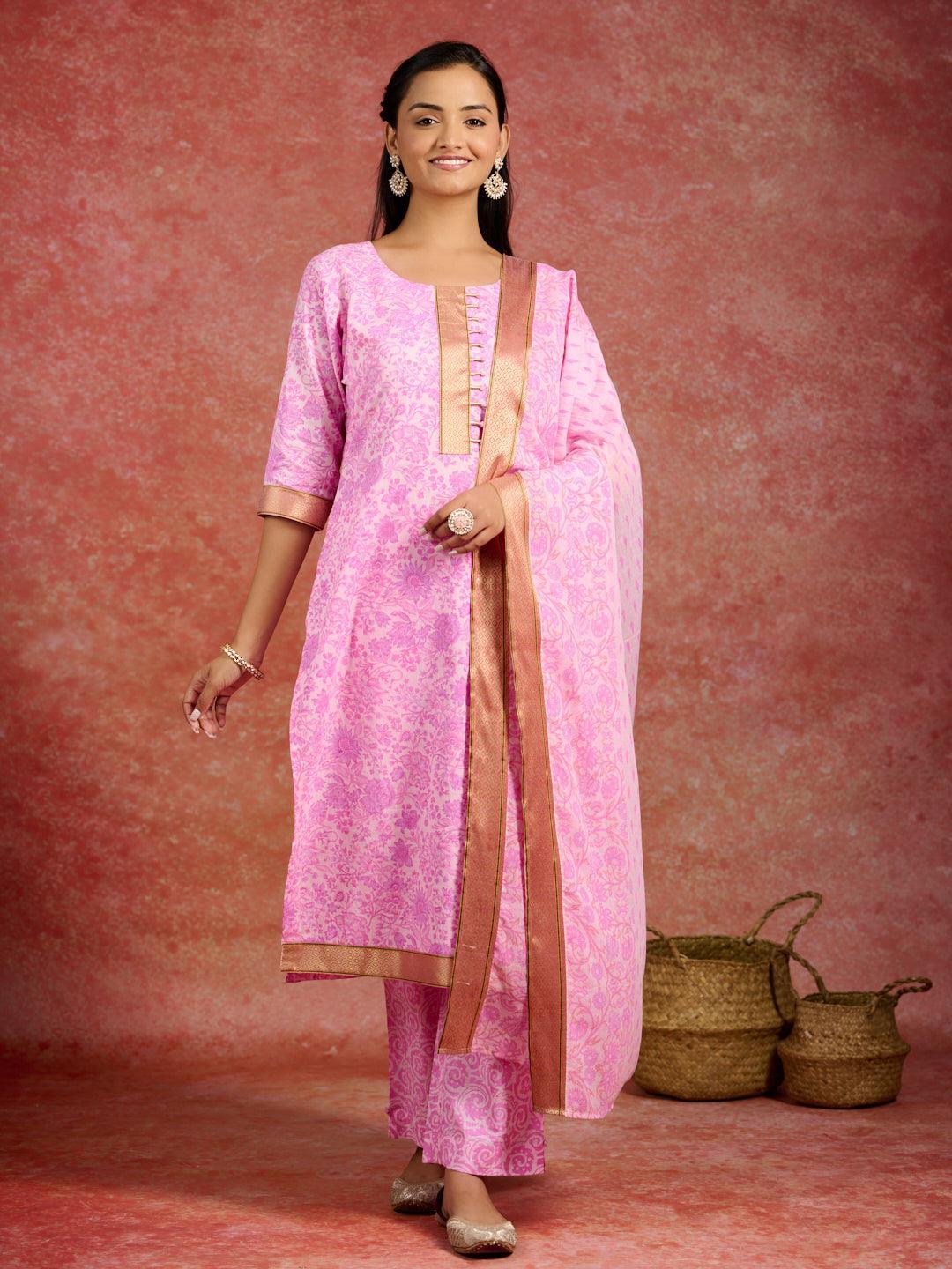 Pink Printed Cotton Straight Suit With Dupatta