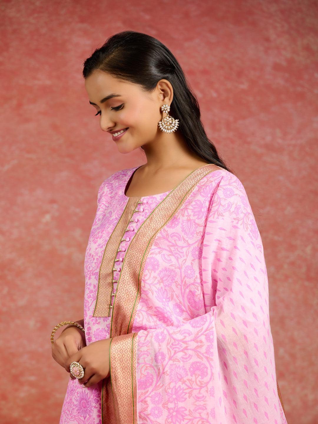 Pink Printed Cotton Straight Suit With Dupatta